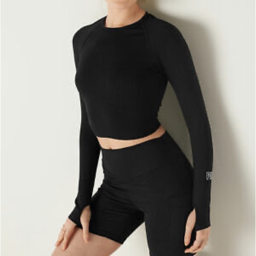 PINK Victoria’s Secret Active Seamless Long-Sleeve Crop Top Black